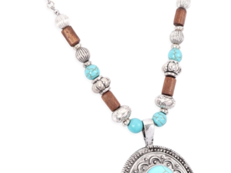 Aztec Oval Metal Turquoise Beaded Necklace on Sale