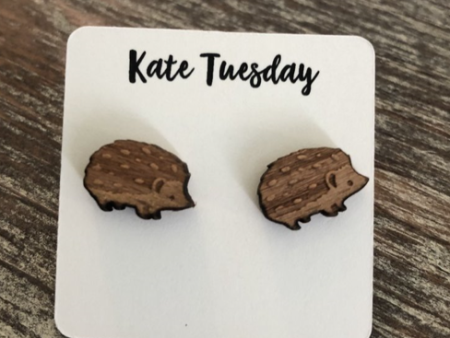 Hedgehog Wooden Stud Engraved Earrings on Sale