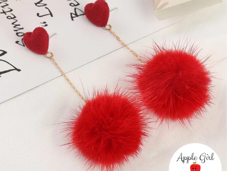 Heart & Pom-Pom Dangle Earrings in Red Online Sale