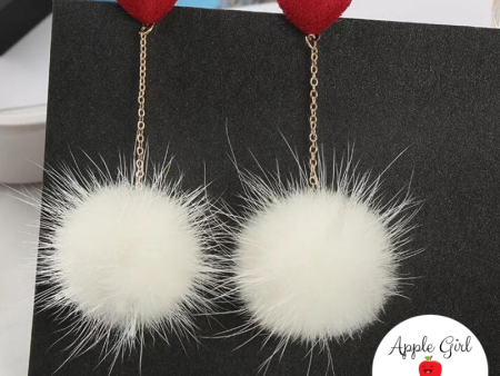 Heart & Pom-Pom Dangle Earrings in White For Discount